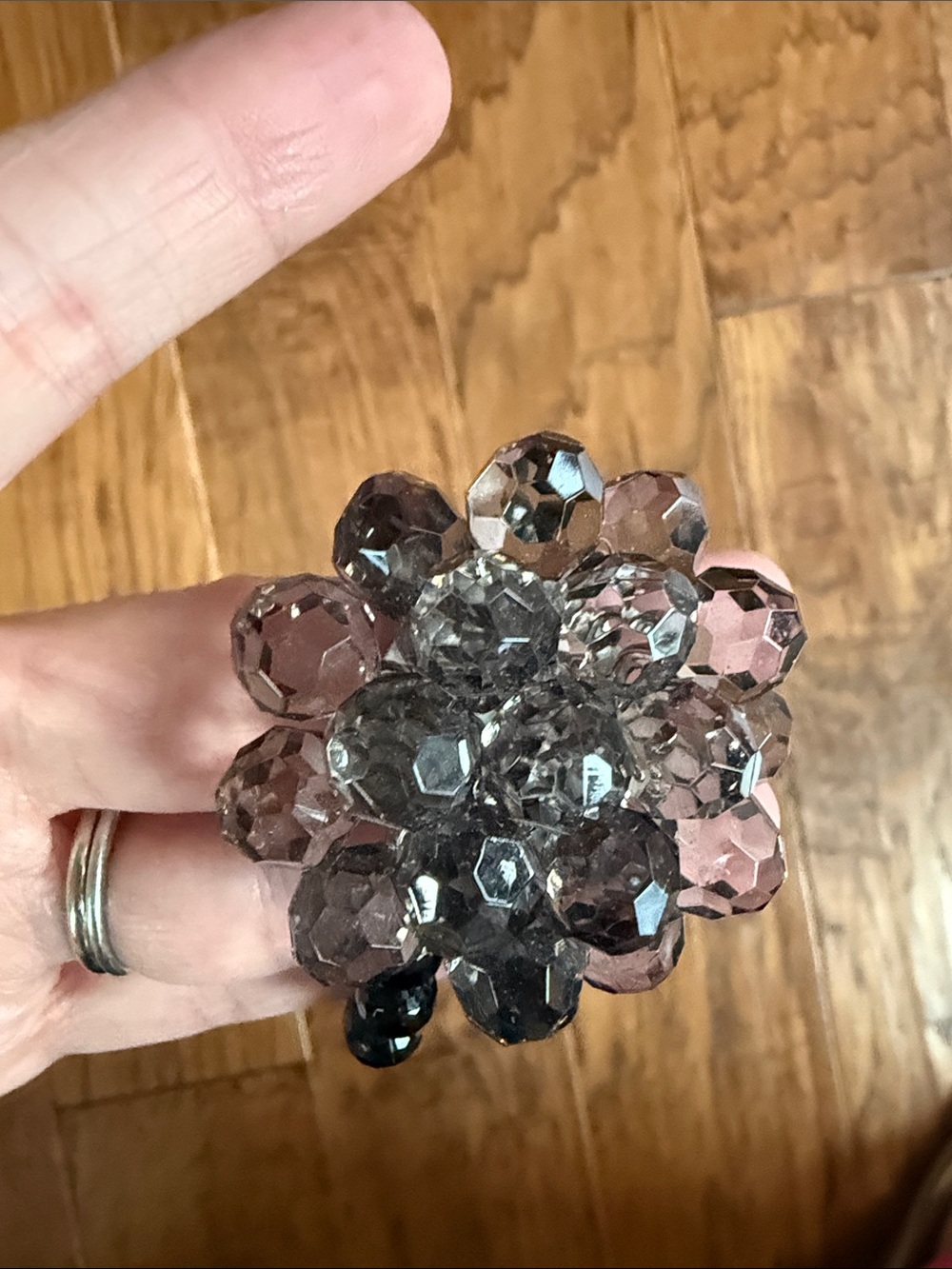 Smoky Gray Crystal Flower Stretch Bracelet with Black Beads - Picture 2 of 4